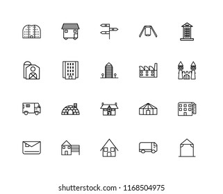 Set Of 20 linear icons such as Arbor, Truck, Bungalow, House, Mailbox, Phone booth, Factory, Mansion, Flash Apartment, , editable stroke vector icon pack