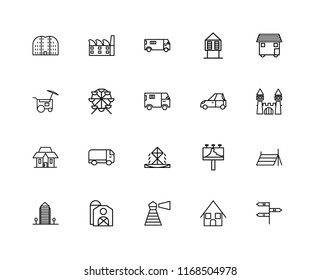Set Of 20 linear icons such as, Bungalow, Lighthouse, Barn, Aparment, House On Wheels, Car, Fountain, Mansion, Ferris wheel, Ambulance, editable stroke vector icon pack