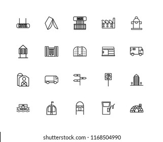 Set Of 20 linear icons such as Igloo, Gas station, Hut, Bungalow, Houseboat, Hydrant, Store, , Barn, Flash Apartment, Bank, editable stroke vector icon pack