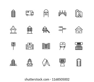 Set Of 20 linear icons such as Building, Atm, Wigwam, Chinese House, Aparment, Barn, , Flash Apartment, Parking, Hut, editable stroke vector icon pack