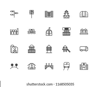 Set Of 20 linear icons such as Hospital, Subway, Bridge, Barn, Flowers, Buildings, Bank, Hut, Houseboat, Flash Apartment, editable stroke vector icon pack