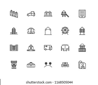 Set Of 20 linear icons such as Barn, Houseboat, Flowers, Yurt, Motel, Flash Apartment, Ferris wheel, Truck, Terraced Houses, editable stroke vector icon pack