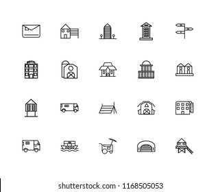 Set Of 20 linear icons such as Stilt Home, Hangar, Food cart, Houseboat, Truck, , Government buildings, Tent, Hut, Barn, Aparment, editable stroke vector icon pack