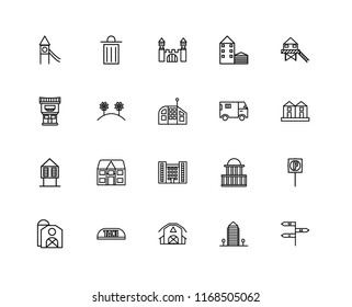 Set Of 20 linear icons such as, Aparment, Barn, Taxi, Stilt Home, Truck, Flash Apartment, Hut, Flowers, Mansion, editable stroke vector icon pack