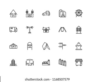 Set Of 20 linear icons such as House On Wheels, Townhouse, Factory, Chair and table, Aparment, Ferris wheel, Swing, Wigwam, Yurt, Street lamp, Car, editable stroke vector icon pack