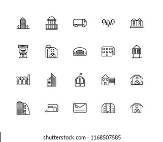 Set Of 20 linear icons such as Barn, Buildings, Mailbox, Caravan, Supermarket, Terraced Houses, Motel, Bungalow, Factory, Truck, editable stroke vector icon pack
