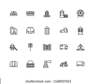 Set Of 20 linear icons such as Truck, Igloo, Lighthouse, Museum, Buildings, Ferris wheel, Car, Flash Apartment, Stilt Home, Chair and table, Aparment, editable stroke vector icon pack