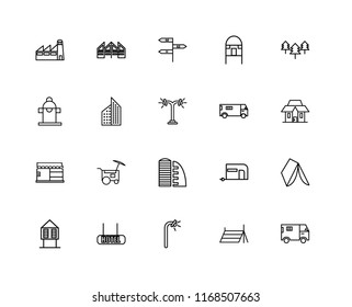 Set Of 20 linear icons such as Truck, Tent, Street lamp, Hotel, Hut, Trees, Ambulance, Supermarket, Store, Aparment, , editable stroke vector icon pack