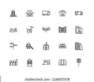 Set Of 20 linear icons such as Parking, Buildings, Caravan, Hut, Factory, Ambulance, Flash Apartment, Bungalow, , Food cart, Truck, editable stroke vector icon pack