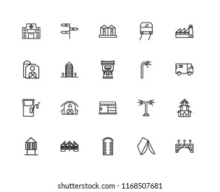 Set Of 20 linear icons such as Bridge, Wigwam, Building, Future House, Hut, Factory, Street lamp, Store, Gas station, Aparment, Terraced Houses, editable stroke vector icon pack