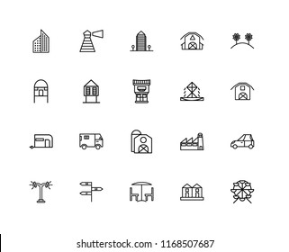 Set Of 20 linear icons such as Ferris wheel, Terraced Houses, Chair and table, , Street lamp, Flowers, Fountain, Barn, Caravan, Hut, Aparment, editable stroke vector icon pack