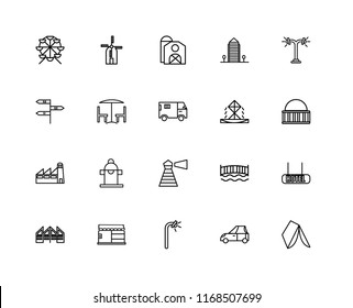 Set Of 20 linear icons such as Wigwam, Car, Street lamp, Store, Future House, Fountain, Lighthouse, Factory, Chair and table, Barn, editable stroke vector icon pack
