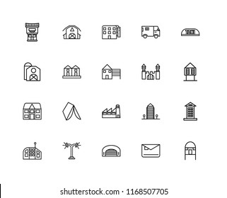 Set Of 20 linear icons such as Hut, Mailbox, Hangar, Street lamp, Future House, Taxi, Mansion, Factory, Detached, Terraced Houses, Motel, editable stroke vector icon pack