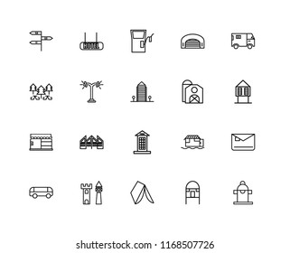 Set Of 20 linear icons such as Hydrant, Hut, Wigwam, Castle, Car, Truck, Barn, Phone booth, Store, Street lamp, Gas station, editable stroke vector icon pack