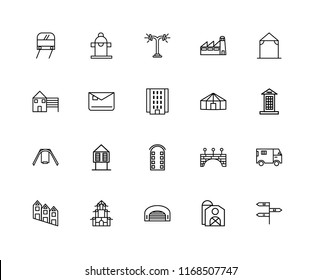 Set Of 20 linear icons such as, Barn, Hangar, Chinese House, Townhouse, Arbor, Yurt, Building, Swing, Mailbox, Street lamp, editable stroke vector icon pack