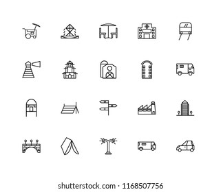 Set Of 20 linear icons such as Car, Ambulance, Street lamp, Wigwam, Bridge, Subway, Building, , Hut, Chinese House, Chair and table, editable stroke vector icon pack