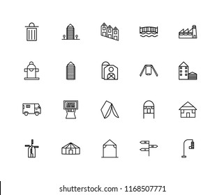 Set Of 20 linear icons such as Traffic light, , Arbor, Yurt, Wind Mill, Factory, Swing, Wigwam, Truck, Skyscraper, Townhouse, editable stroke vector icon pack
