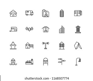 Set Of 20 linear icons such as Traffic light, , Hut, Factory, Beach Motel, Aparment, Street lamp, Hydrant, Trees, Barn, editable stroke vector icon pack