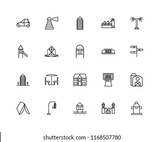 Set Of 20 linear icons such as Hydrant, Mansion, Beach Hut, Traffic light, Wigwam, Street lamp, Taxi, Detached, Aparment, Fountain, Skyscraper, editable stroke vector icon pack