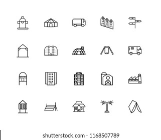 Set Of 20 linear icons such as Wigwam, Street lamp, Mansion, Tent, Hut, , Swing, Motel, Buildings, Truck, editable stroke vector icon pack