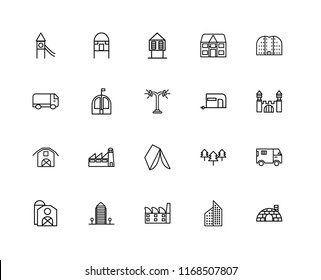 Set Of 20 linear icons such as Igloo, Aparment, Factory, Barn, Buildings, Caravan, Wigwam, Bungalow, Hut, editable stroke vector icon pack