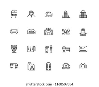 Set Of 20 linear icons such as Terraced Houses, Barn, Building, Truck, Government buildings, Park, Castle, Motel, Hangar, Houseboat, editable stroke vector icon pack