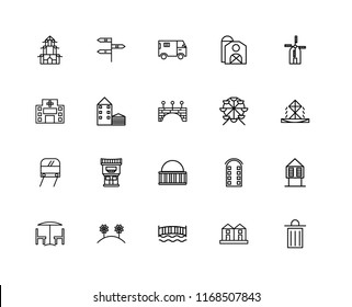 Set Of 20 linear icons such as Trash, Terraced Houses, Bridge, Flowers, Chair and table, Wind Mill, Ferris wheel, Museum, Subway, House, Truck, editable stroke vector icon pack
