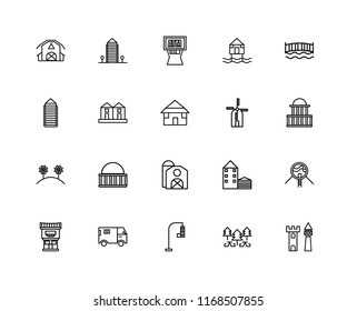 Set Of 20 linear icons such as Castle, Park, Traffic light, Truck, Motel, Bridge, Wind Mill, Barn, Flowers, Terraced Houses, Atm, editable stroke vector icon pack