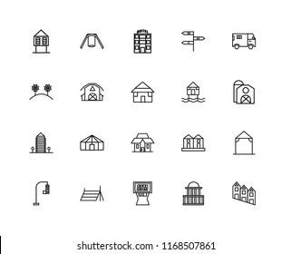 Set Of 20 linear icons such as Townhouse, Government buildings, Atm, Tent, Traffic light, Truck, Beach Hut, Mansion, Aparment, Barn, Motel, editable stroke vector icon pack