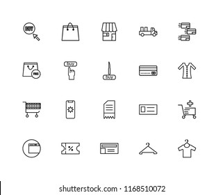 Set Of 20 linear icons such as Clothes, Hanger, Cart, Voucher, Web, Payment, Invoice, Buy, Shop, editable stroke vector icon pack