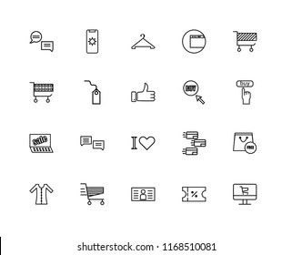 Set Of 20 linear icons such as Laptop, Voucher, Card, Cart, Dress, Buy, Love, Sales, Tag, Hanger, editable stroke vector icon pack