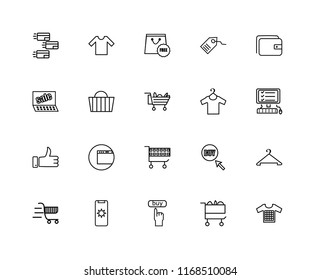 Set Of 20 linear icons such as Tshirt, Cart, Buy, Mobile, Wallet, Clothes, Thumbs up, Basket, Free, editable stroke vector icon pack