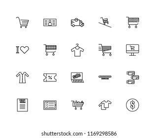 Set Of 20 linear icons such as Coin, Clothes, Cart, Checklist, Tax, Sales, Dress, Delivery, editable stroke vector icon pack