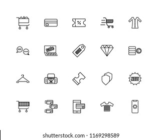 Set Of 20 linear icons such as Mobile, Tshirt, Payment, Cart, Dress, Jewelry, Voucher, Hanger, Sales, editable stroke vector icon pack