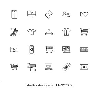 Set Of 20 linear icons such as Voucher, Sales, Payment, Cart, Love, Dress, Card, Clothes, editable stroke vector icon pack