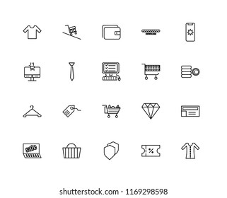 Set Of 20 linear icons such as Dress, Voucher, Security, Basket, Sales, Mobile, Cart, Hanger, Tie, Wallet, editable stroke vector icon pack
