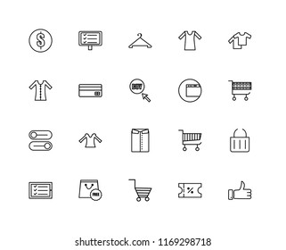 Set Of 20 linear icons such as Thumbs up, Voucher, Cart, Free, Checklist, Clothes, Web, Shirt, Button, Card, Hanger, editable stroke vector icon pack