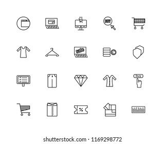 Set Of 20 linear icons such as Bar code, Card, Voucher, Shirt, Cart, Coins, Jewelry, Tablet, Hanger, E commerce, editable stroke vector icon pack