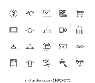 Set Of 20 linear icons such as Jewelry, Buy, Free, Dress, Bill, Cart, Coins, Web, Hanger, Blouse, Shopping bags, editable stroke vector icon pack