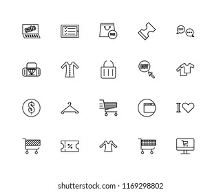 Set Of 20 linear icons such as Laptop, Cart, Blouse, Voucher, Chat, Buy, Coin, Dress, Free, editable stroke vector icon pack