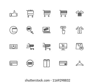Set Of 20 linear icons such as Hanger, Card, Shirt, New, Payment, Tshirt, Buy, Cart, editable stroke vector icon pack