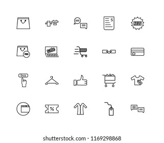 Set Of 20 linear icons such as Chat, Tag, Dress, Voucher, Web, New, Tags, Thumbs up, Buy, Sales, editable stroke vector icon pack