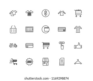 Set Of 20 linear icons such as Hanger, Invoice, Shop, New, Cart, Payment, Delivery, Checklist, Coin, editable stroke vector icon pack