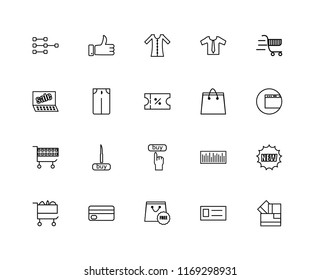 Set Of 20 linear icons such as Card, Free, Payment, Cart, Paper bag, Buy, Pants, Dress, editable stroke vector icon pack