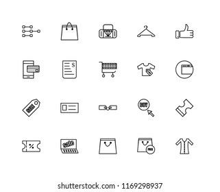 Set Of 20 linear icons such as Dress, Free, Shopping bags, Sales, Voucher, Thumbs up, Tags, Bill, Bag, editable stroke vector icon pack