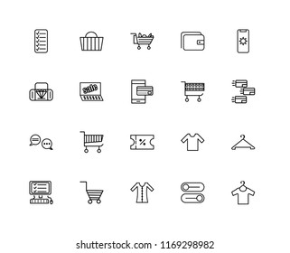 Set Of 20 linear icons such as Clothes, Button, Dress, Cart, Checklist, Mobile, Voucher, Chat, Sales, editable stroke vector icon pack