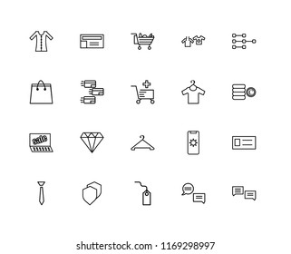 Set Of 20 linear icons such as Chat, Tag, Security, Tie, Network, Clothes, Hanger, Sales, Payment, Cart, editable stroke vector icon pack