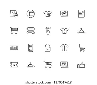 Set Of 20 linear icons such as Thumbs up, Payment, Cart, Hanger, Voucher, Bill, Clothes, Shopping bag, Bar code, Button, Sales, editable stroke vector icon pack