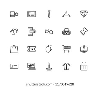 Set Of 20 linear icons such as Cart, Dress, Buy, Sales, Card, Jewelry, Bag, Security, Paper bag, Ipad, Tie, editable stroke vector icon pack