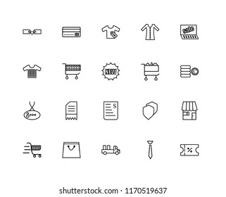 Set Of 20 linear icons such as Voucher, Tie, Delivery, Shopping bags, Cart, Sales, Bill, Card, editable stroke vector icon pack